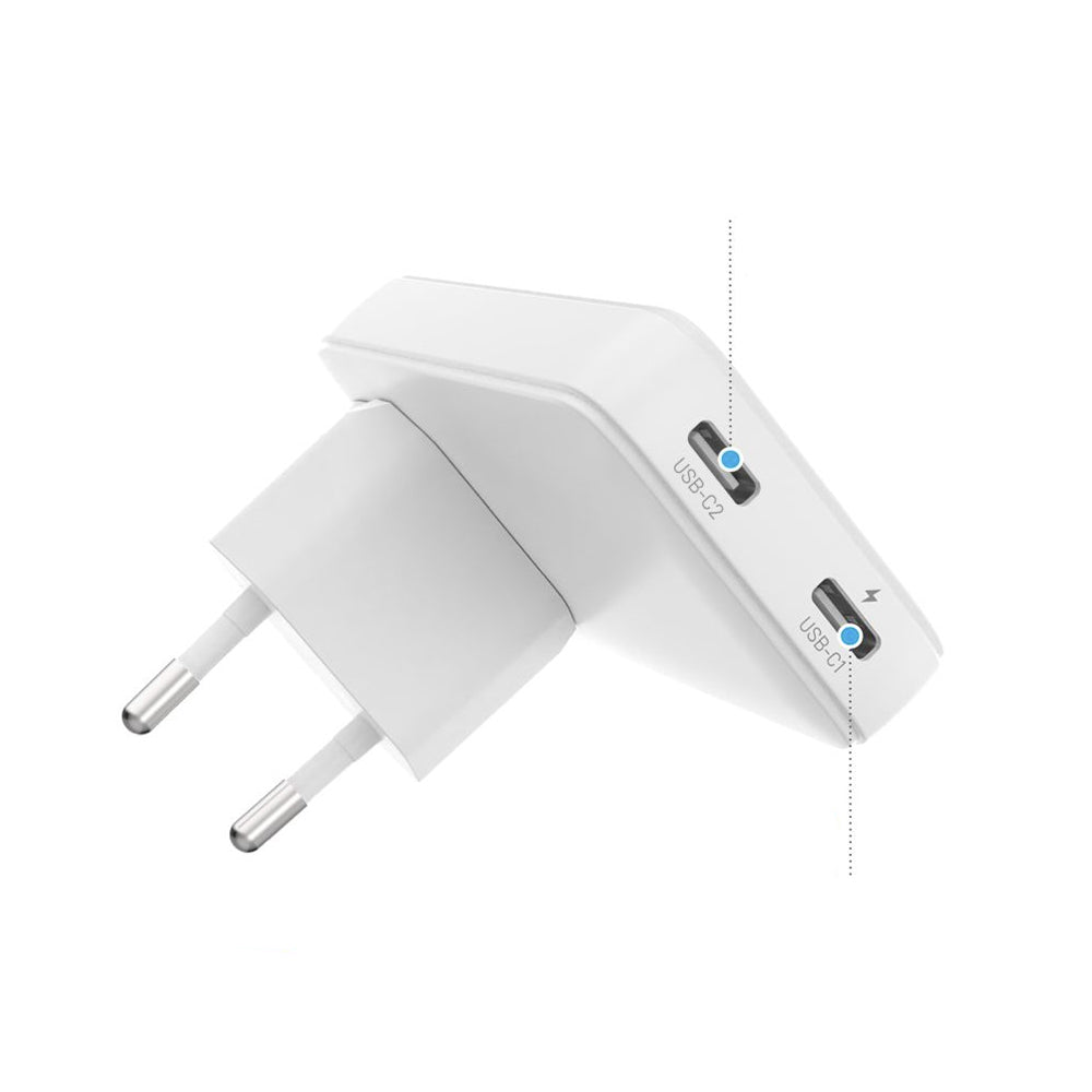 Oplader til netværk Fixed Travel, 45W, 3A, 2 x USB-C, Hvid