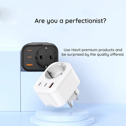 Netværksoplader HAVIT UC142, 30W, 3A, 1 x USB-A - 2 x USB-C - 1 x Schuko, Sort