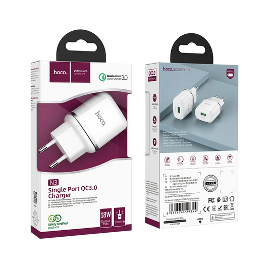 Netværksoplader HOCO N3, 18W, 3A, 1 x USB-A, Hvid
