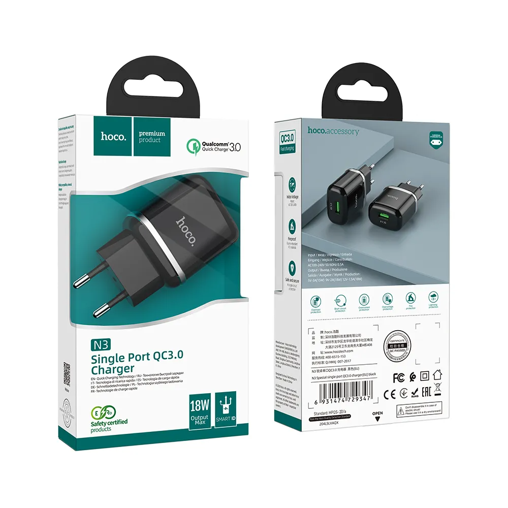 Netværksoplader HOCO N3, 18W, 3A, 1 x USB-A, Sort