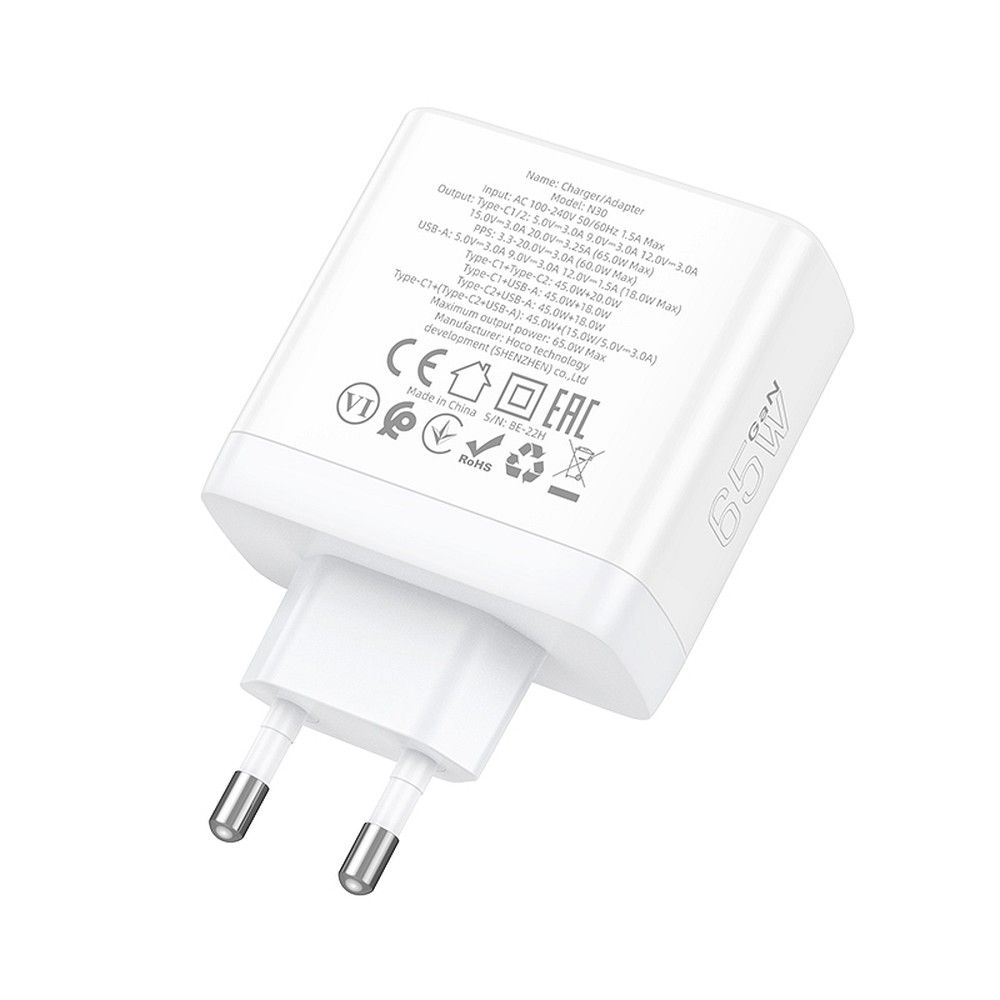 Netværksoplader HOCO N30, 65W, 3.25A, 1 x USB-A - 2 x USB-C, Hvid