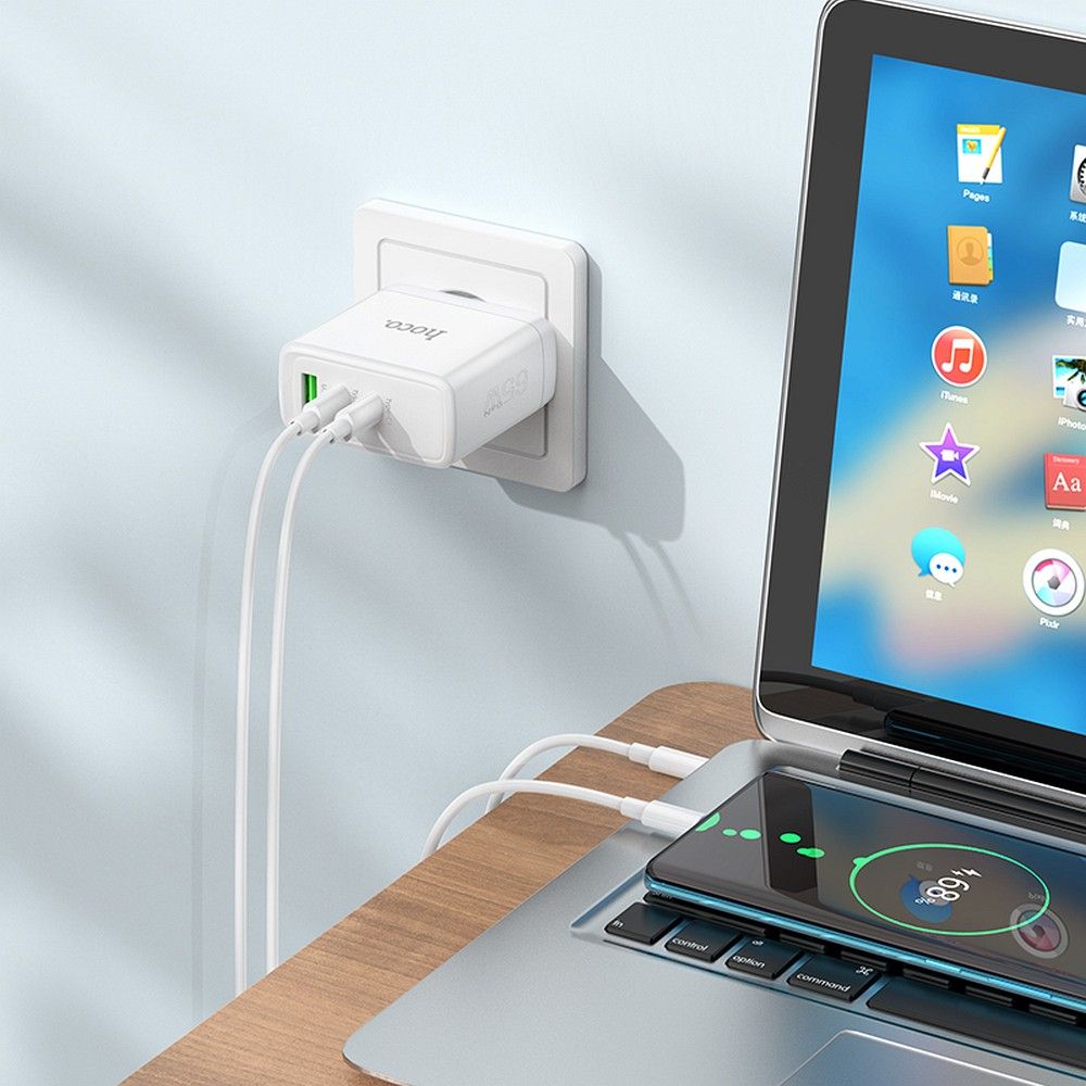 Netværksoplader HOCO N30, 65W, 3.25A, 1 x USB-A - 2 x USB-C, Hvid