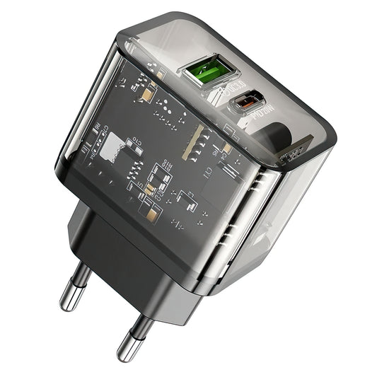 Netværksoplader HOCO N34, 20W, 3A, 1 x USB-A - 1 x USB-C, Transparent