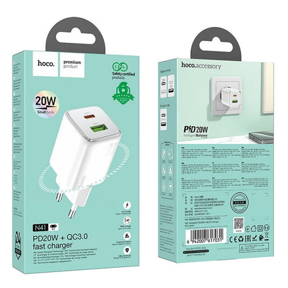 Netværksoplader HOCO N41, 20W, 3A, 1 x USB-A - 1 x USB-C, Hvid