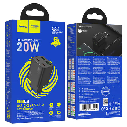 Netværksoplader HOCO N55, 20W, 3A, 2 x USB-A - 2 x USB-C, Sort
