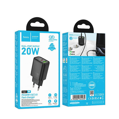 HOCO N61 netværksoplader, 20W, 3A, 1 x USB-A - 1 x USB-C, Sort