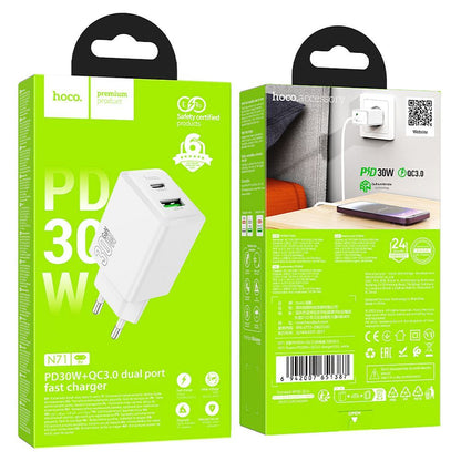 Netværksoplader HOCO N71, 30W, 3A, 1 x USB-A - 1 x USB-C, Hvid