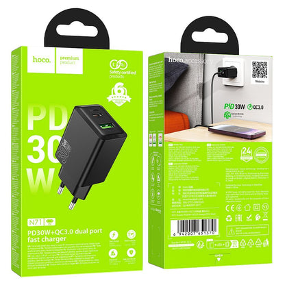 Netværksoplader HOCO N71, 30W, 3A, 1 x USB-A - 1 x USB-C, Sort