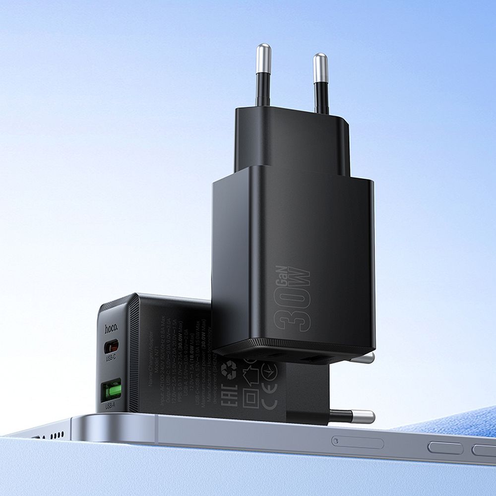Netværksoplader HOCO N71, 30W, 3A, 1 x USB-A - 1 x USB-C, Sort