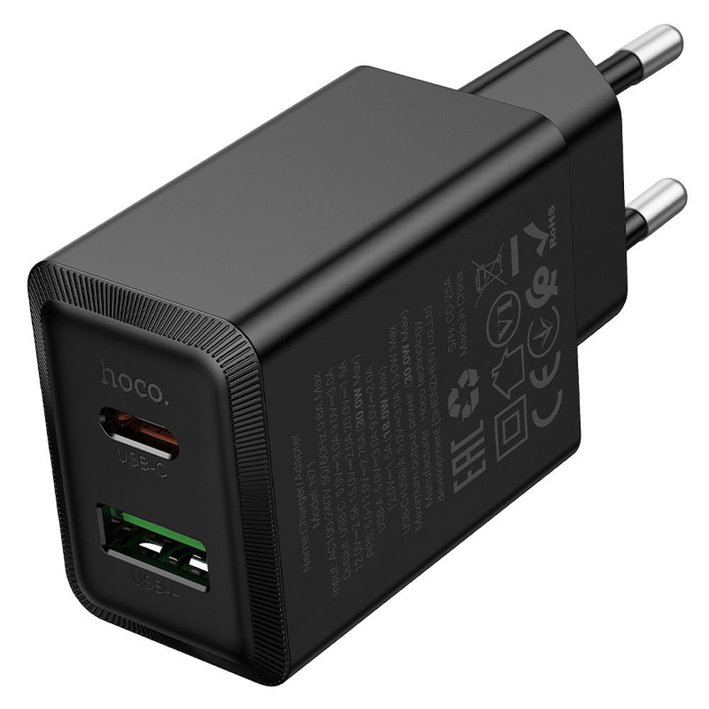 Netværksoplader HOCO N71, 30W, 3A, 1 x USB-A - 1 x USB-C, Sort