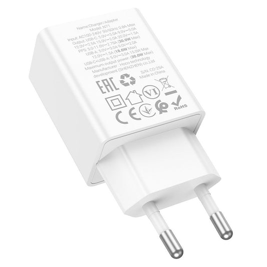 Netværksoplader HOCO N71, 30W, 3A, 1 x USB-A - 1 x USB-C, Hvid