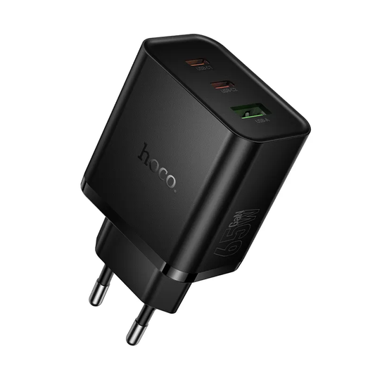 HOCO N75 Netværksoplader, 65W, 3A, 1 x USB-A - 2 x USB-C, Sort