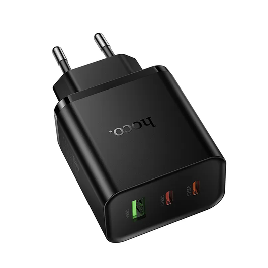 HOCO N75 Netværksoplader, 65W, 3A, 1 x USB-A - 2 x USB-C, Sort