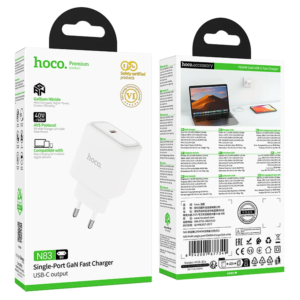 HOCO N83 Netoplader, 40W, 3A, 1 x USB-C, Hvid
