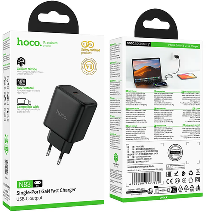 HOCO N83 Netadapter, 40W, 3A, 1 x USB-C, Sort