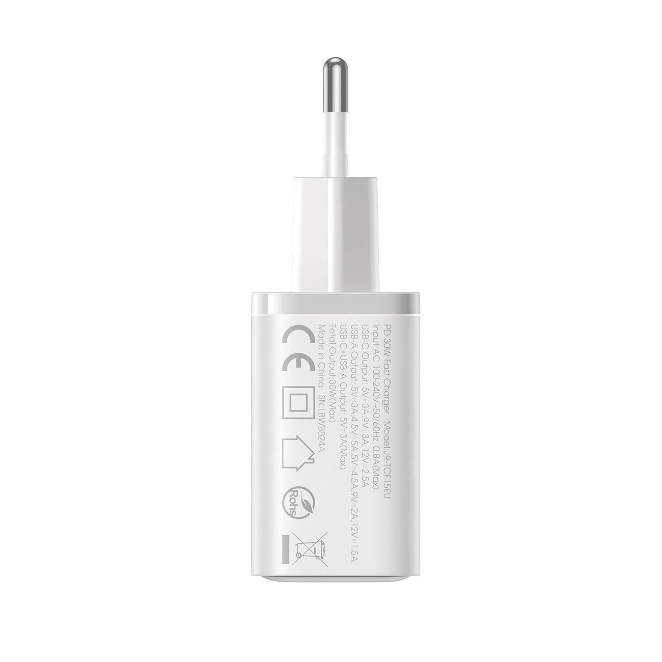 Joyroom JR-TCF15 netværksoplader, 30W, 5A, 1 x USB-A - 1 x USB-C, Hvid