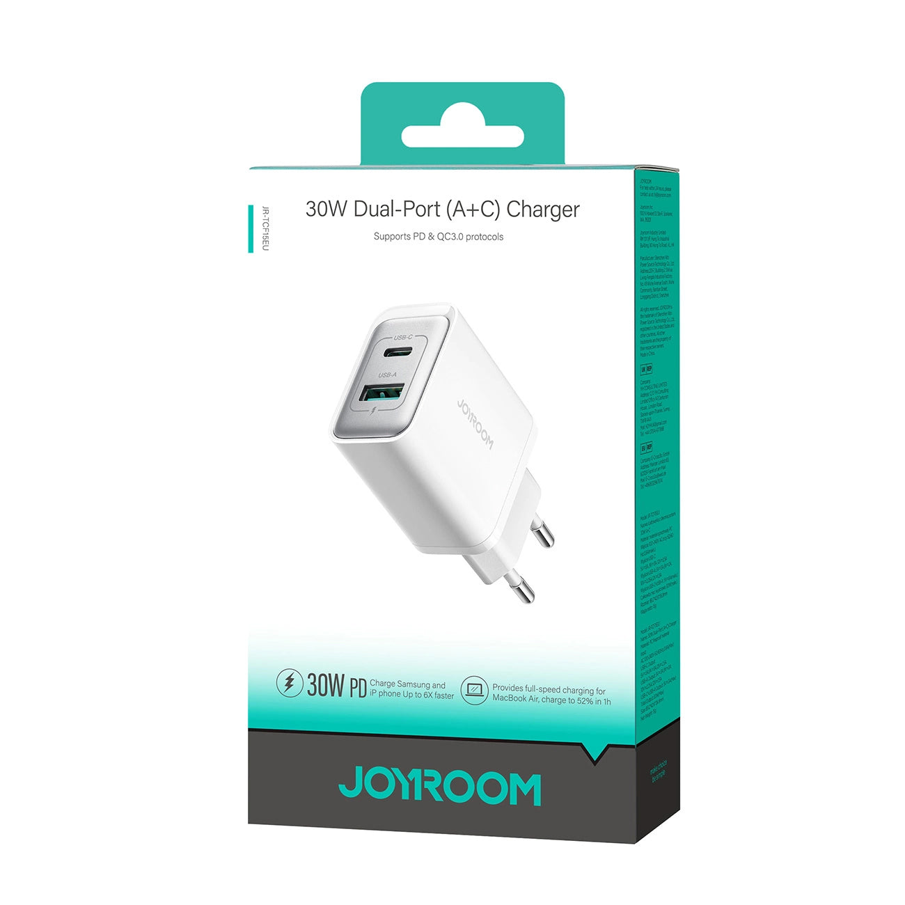 Joyroom JR-TCF15 netværksoplader, 30W, 5A, 1 x USB-A - 1 x USB-C, Hvid