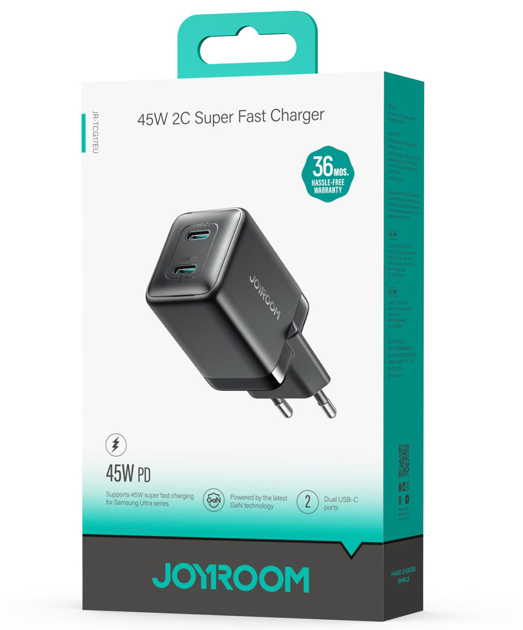 Joyroom JR-TCG17 Network Charger, 45W, 3A, 2 x USB-C, Black