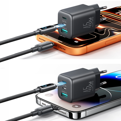 Joyroom JR-TO1 Netoplader, 45W, 3A, 1 x Lightning - 1 x USB-A - 1 x USB-C, Sort