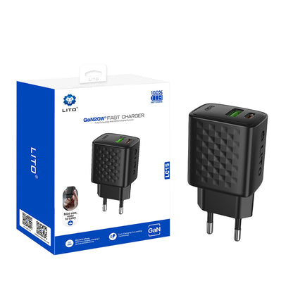 Lito LC15 netværksoplader, 20W, 3A, 1 x USB-A - 1 x USB-C, Sort