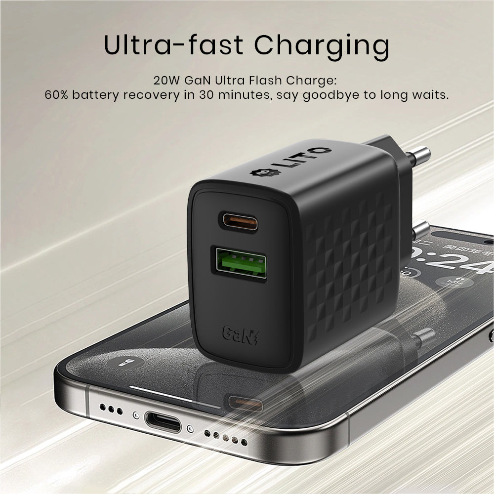 Lito LC15 netværksoplader, 20W, 3A, 1 x USB-A - 1 x USB-C, Sort