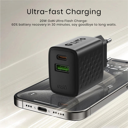 Lito LC15 netværksoplader, 20W, 3A, 1 x USB-A - 1 x USB-C, Sort