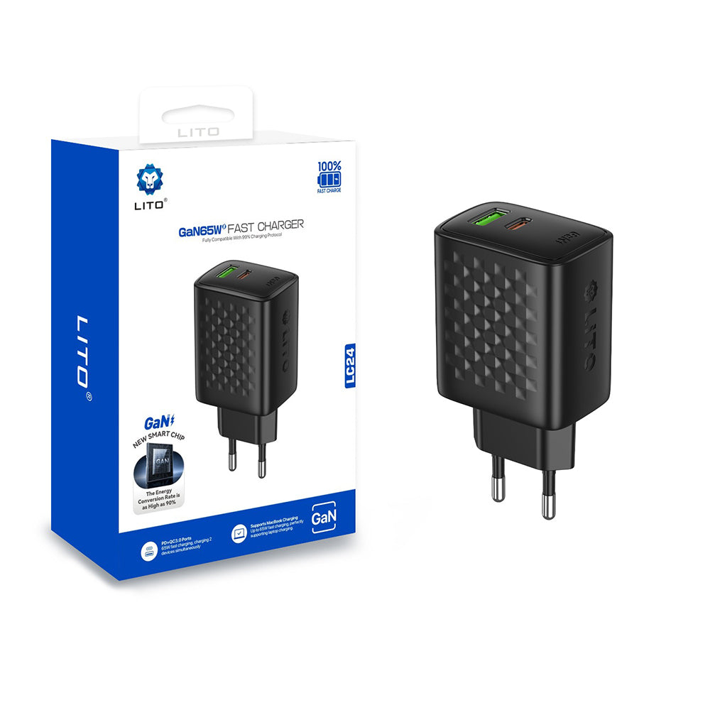 Lito LC24 netværksoplader, 65W, 3.25A, 1 x USB-A - 1 x USB-C, Sort