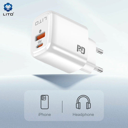 Lito LC28 Netværksoplader, 20W, 3A, 1 x USB-A - 1 x USB-C, Hvid