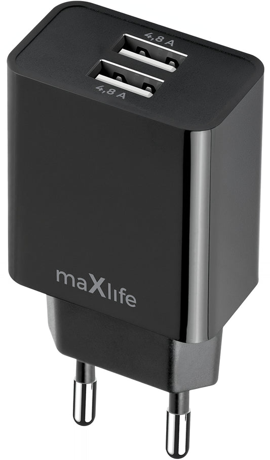 MaXlife MXTC-12 Netværksoplader, 24W, 2.4A, 2 x USB-A, Sort