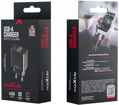 MaXlife MXTC-12 Netværksoplader, 24W, 2.4A, 2 x USB-A, Sort