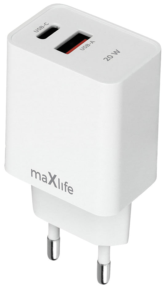 MaXlife MXTC-13-20AC Netværksoplader, 20W, 3A, 1 x USB-A - 1 x USB-C, Hvid