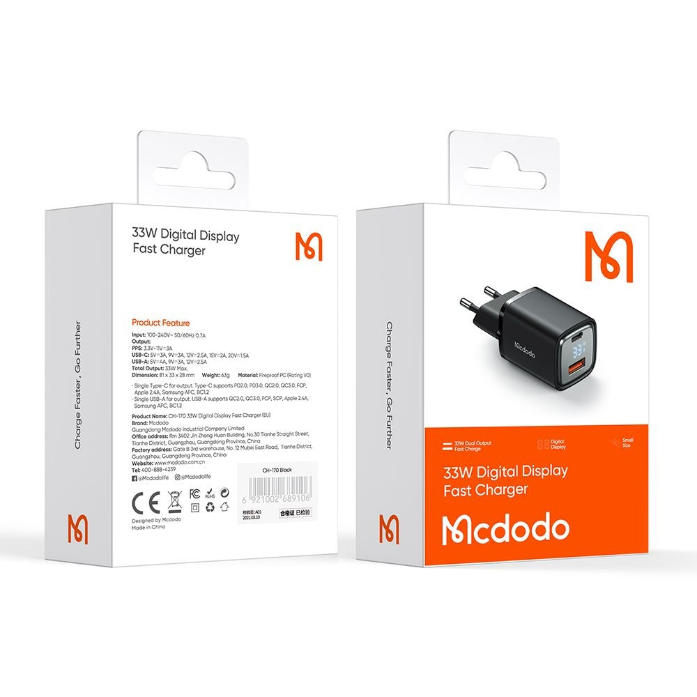 McDodo CH-1701 Graphite Display Netværksoplader, 33W, 3A, 1 x USB-A - 1 x USB-C, Sort