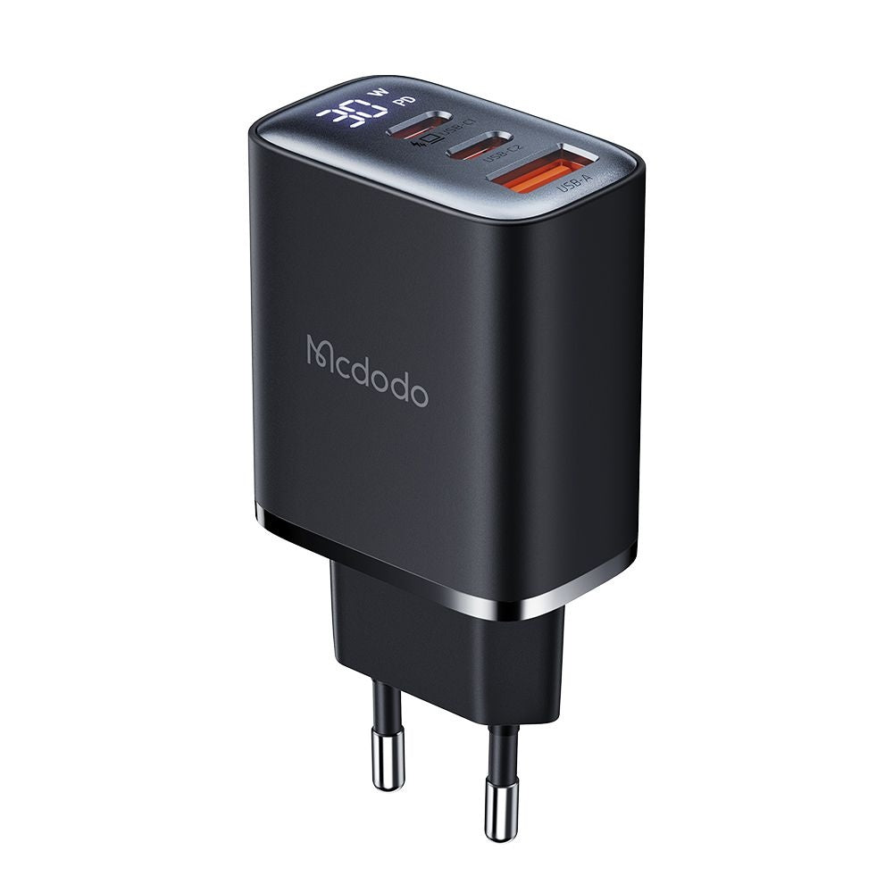 Netværksoplader McDodo CH-2180 Display, 30W, 3A, 1 x USB-A - 2 x USB-C, Sort