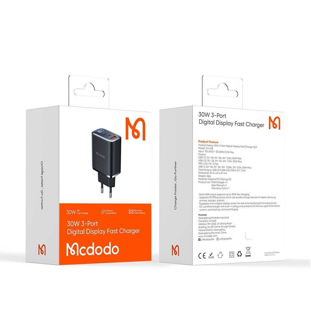 Netværksoplader McDodo CH-2180 Display, 30W, 3A, 1 x USB-A - 2 x USB-C, Sort