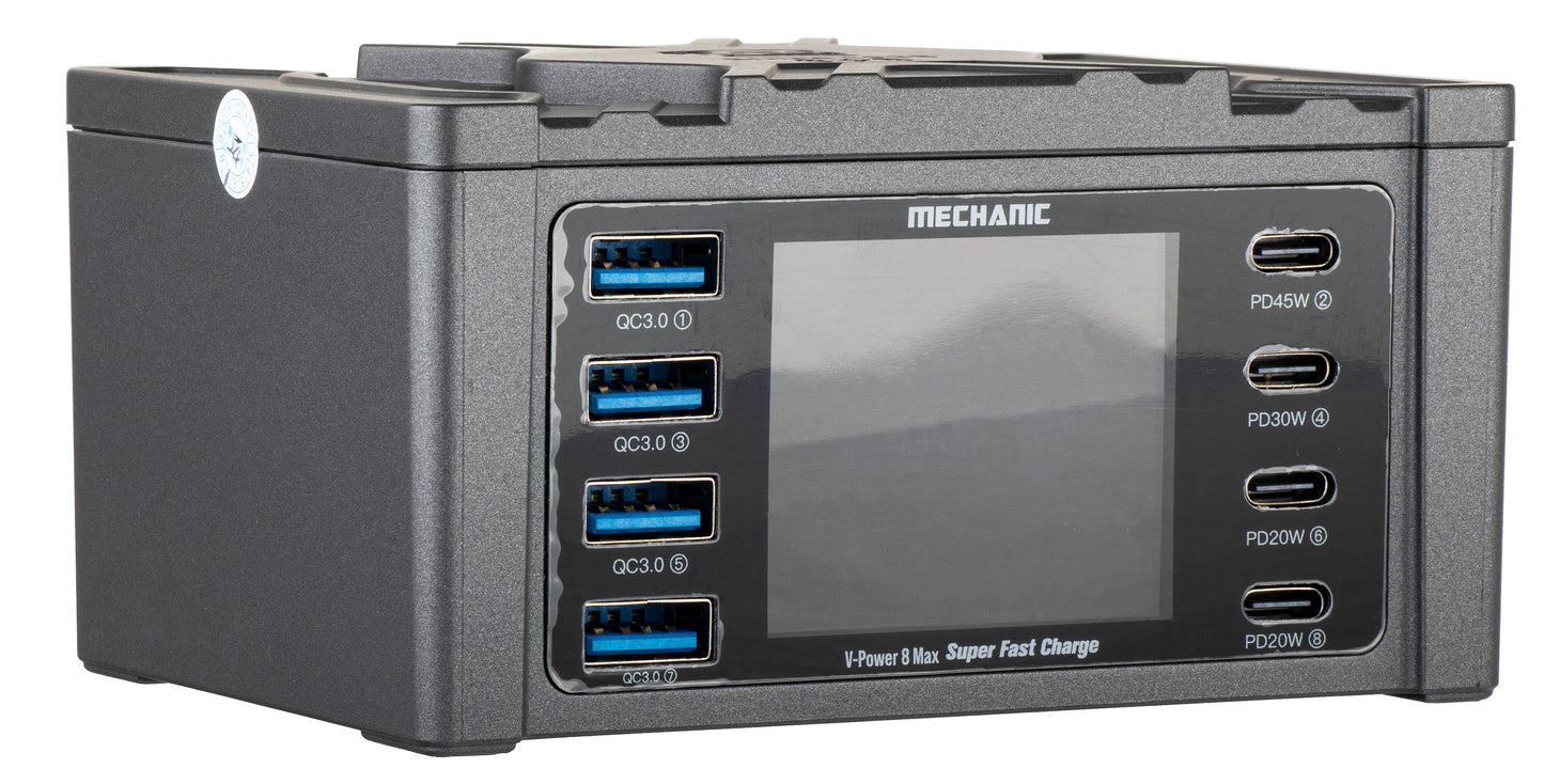 Opladerstation Mechanic V-Power Max med Display, 115W, 3A, 4 x USB-A - 4 x USB-C, Sort