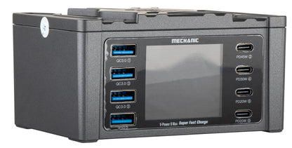 Opladerstation Mechanic V-Power Max med Display, 115W, 3A, 4 x USB-A - 4 x USB-C, Sort