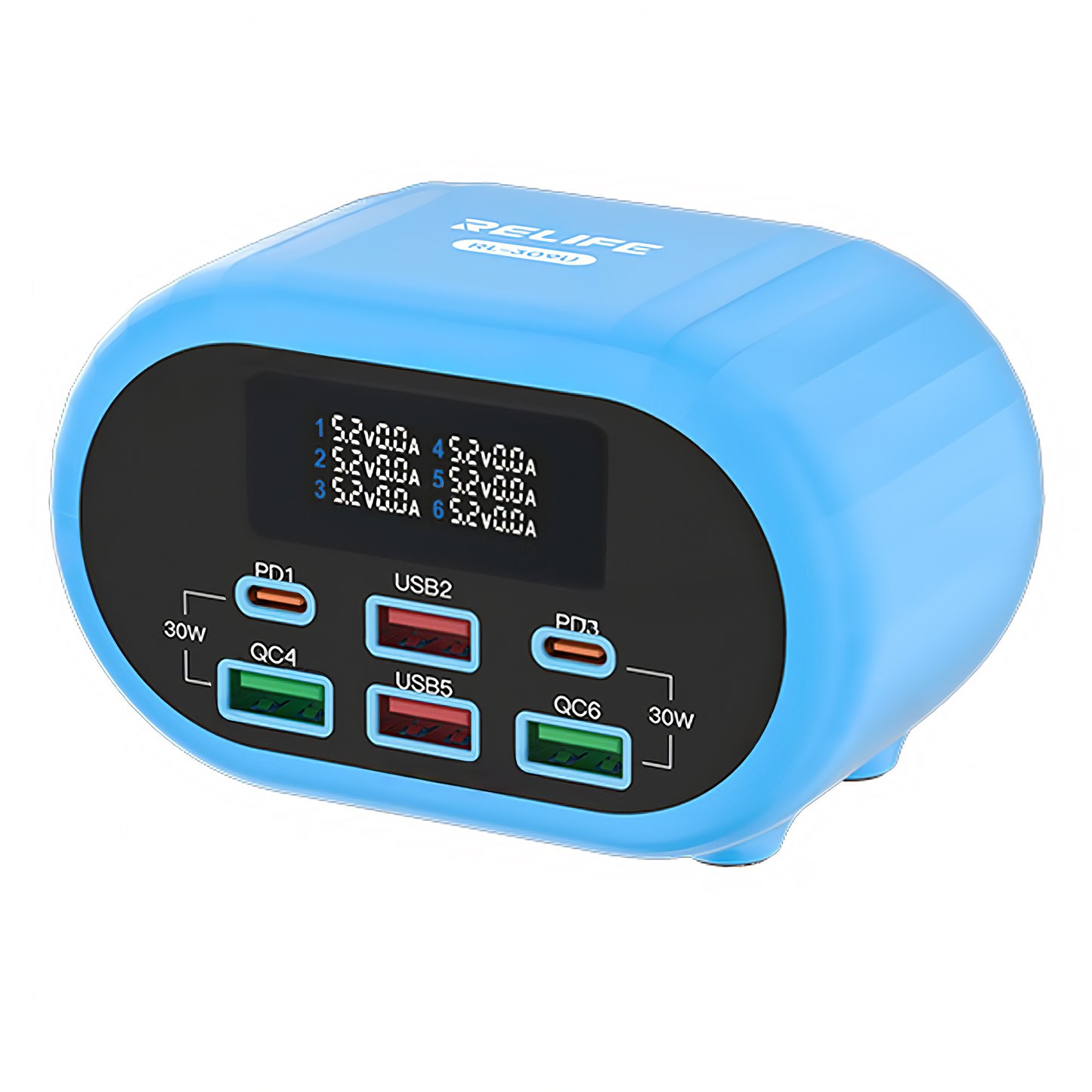 Relife RL-309U Stationoplader, 72W, 5A, 2 x USB-C - 4 x USB-A, Blå