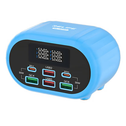 Relife RL-309U Stationoplader, 72W, 5A, 2 x USB-C - 4 x USB-A, Blå