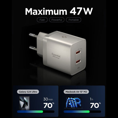 Spigen EE472EU Essential netoplader, 47W, 3A, 2 x USB-C, Titan grå ACH10451