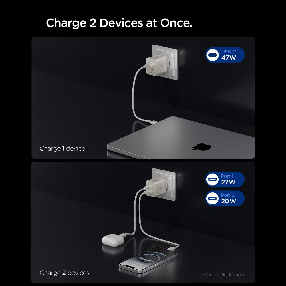 Spigen EE472EU Essential netoplader, 47W, 3A, 2 x USB-C, Titan grå ACH10451