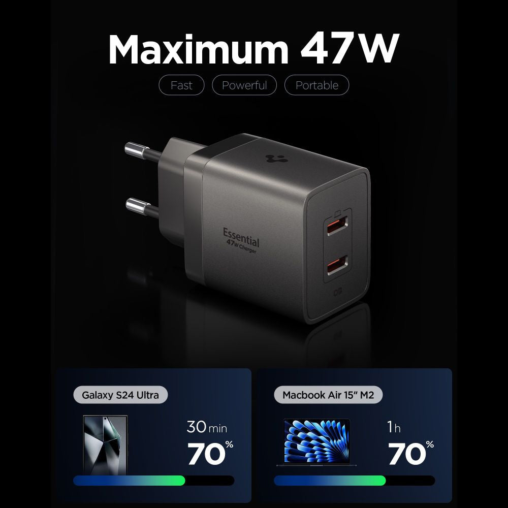 Spigen EE472EU Essential netoplader, 47W, 3A, 2 x USB-C, grå ACH10450