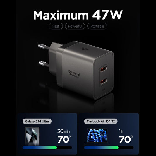Spigen EE472EU Essential netoplader, 47W, 3A, 2 x USB-C, grå ACH10450