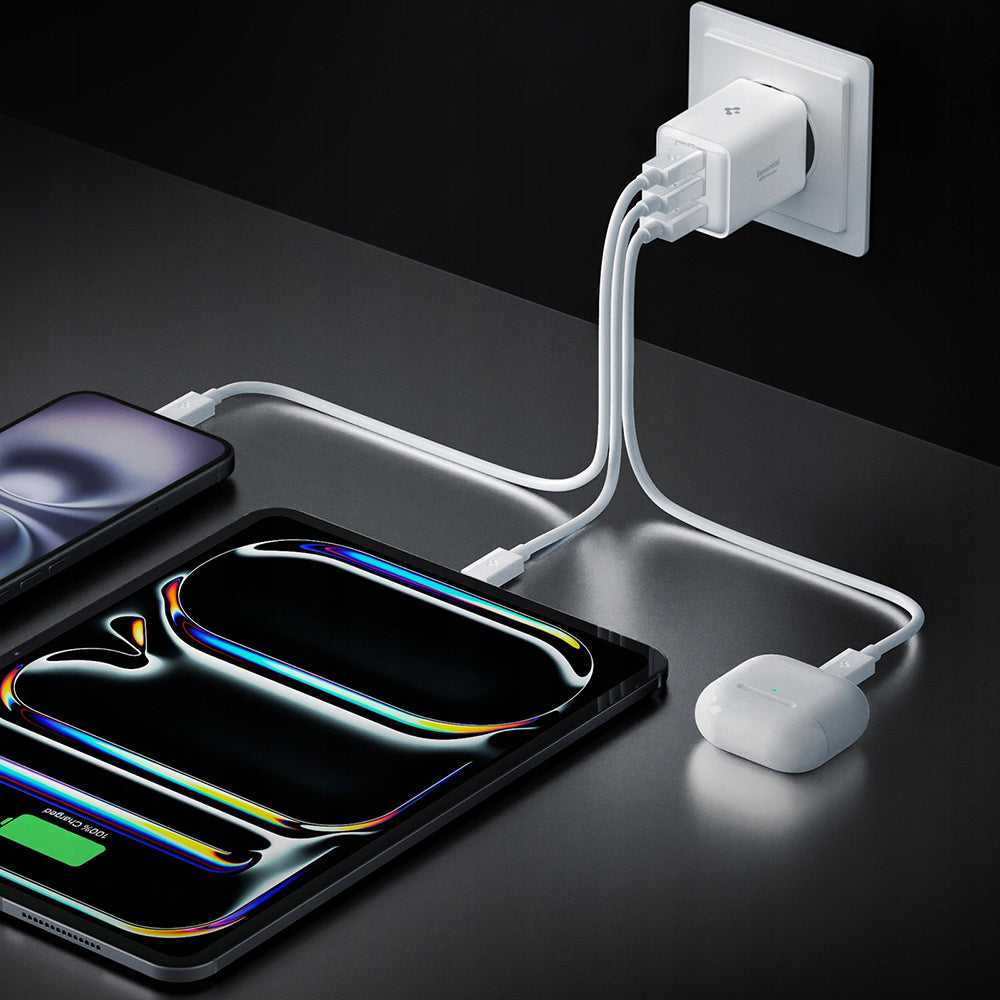 Spigen EE473EU Essential netværksoplader, 47W, 3A, 1 x USB-A - 2 x USB-C, Hvid ACH09464