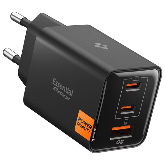 Spigen EE473EU Essential netværksoplader, 47W, 3A, 1 x USB-A - 2 x USB-C, Sort ACH09465