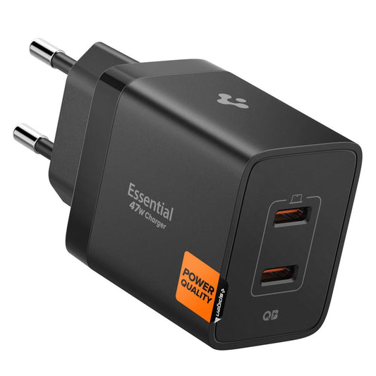 Spigen Essential Netværksoplader, 47W, 3A, 2 x USB-C, Sort