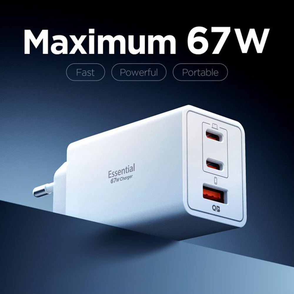 Spigen Essential netværksoplader, 67W, 3.25A, 1 x USB-A - 2 x USB-C, Hvid ACH08710