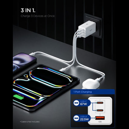 Spigen Essential netværksoplader, 67W, 3.25A, 1 x USB-A - 2 x USB-C, Hvid ACH08710