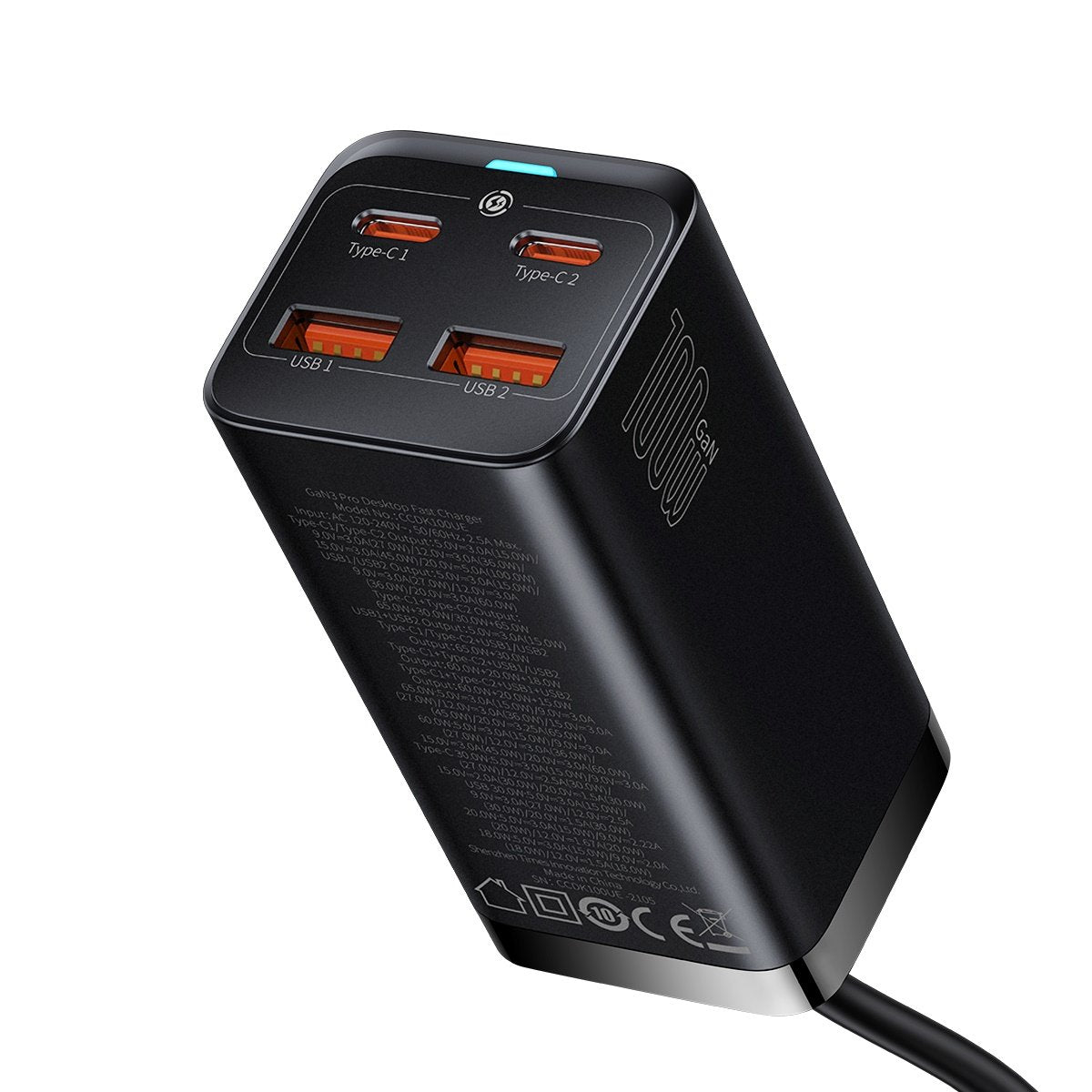 Baseus GaN3 Pro opladerstation, 100W, 5A, 2 x USB-A - 2 x USB-C, Sort CCGP000101