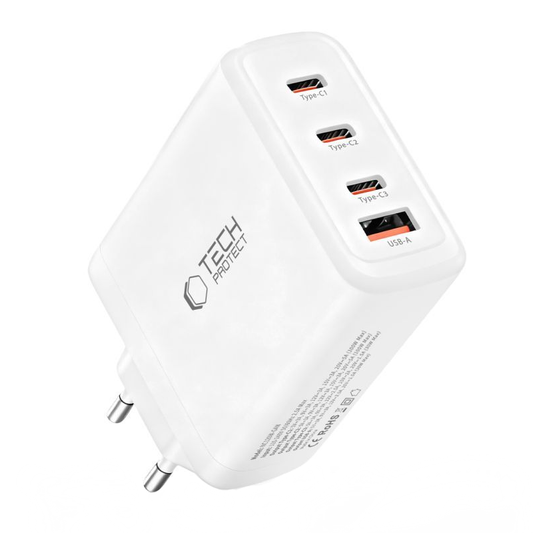 Netværksoplader Tech-Protect NC120W-GAN, 120W, 5A, 1 x USB-A - 3 x USB-C, Hvid