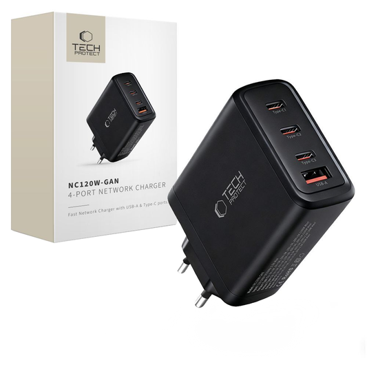 Netværksoplader Tech-Protect NC120W-GAN, 120W, 5A, 1 x USB-A - 3 x USB-C, Sort